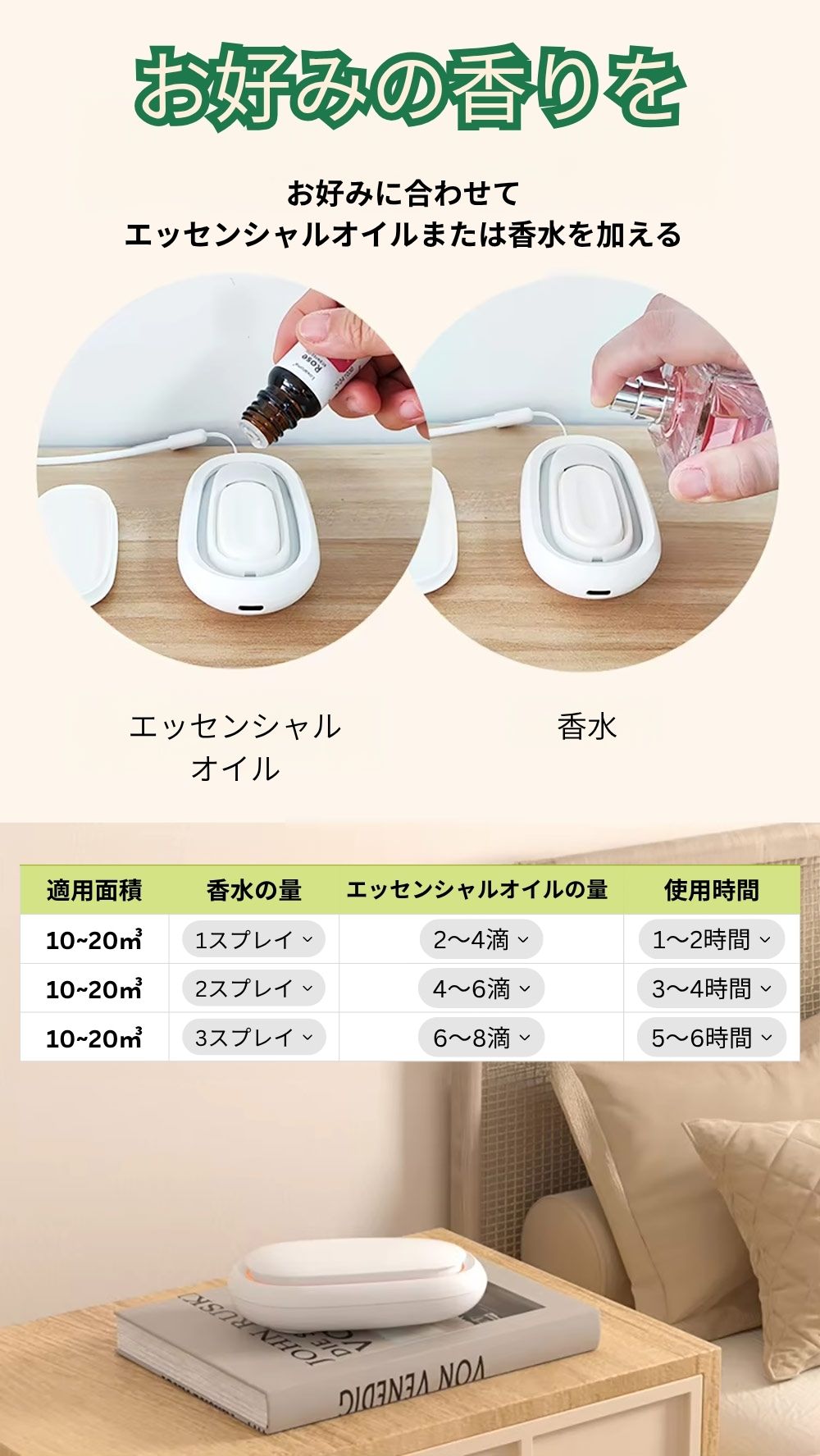 アロマディフューザーで好みの香りを楽しむ様子