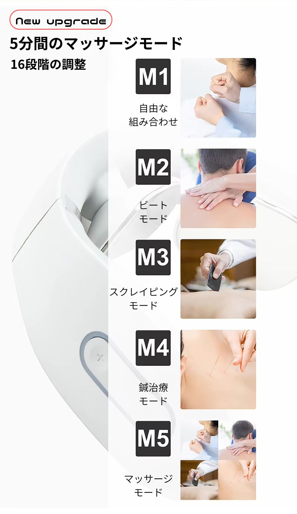 16段階の調整、5つの選べるモードのネックマッサージャー