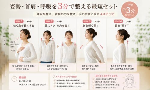 姿勢・首肩・呼吸を3分で整える最短セットのイメージ