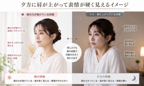 夕方に肩が上がって表情が硬く見えるイメージ