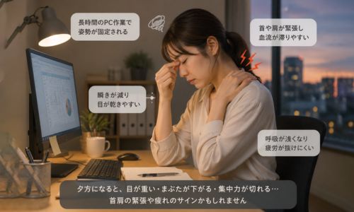 夕方にPC疲労で目が重くなり首肩が緊張しているイメージ
