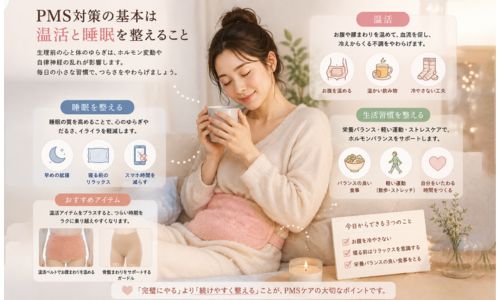 PMS対策として温活や睡眠を整えているイメージ