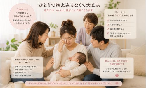 産後の不安や孤独感を家族や周囲に相談して支えてもらうイメージ