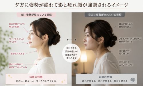 夕方に姿勢が崩れて影と疲れ顔が強調されるイメージ
