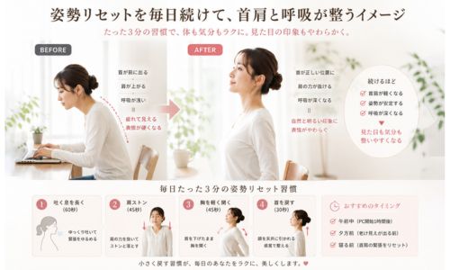 姿勢リセットを毎日続けて首肩と呼吸が整うイメージ