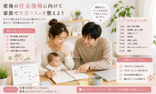 産後の社会復帰に向けて生活リズムや家族の協力を整えるイメージ