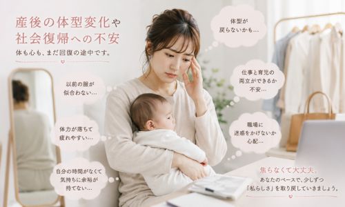 産後の体型変化や社会復帰の不安を感じる女性のイメージ